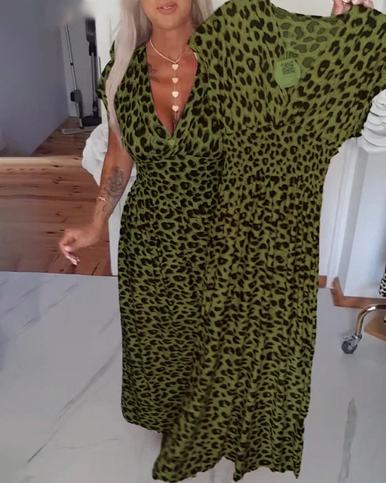 Leopar Desenli V Yakalı Şık Elbise