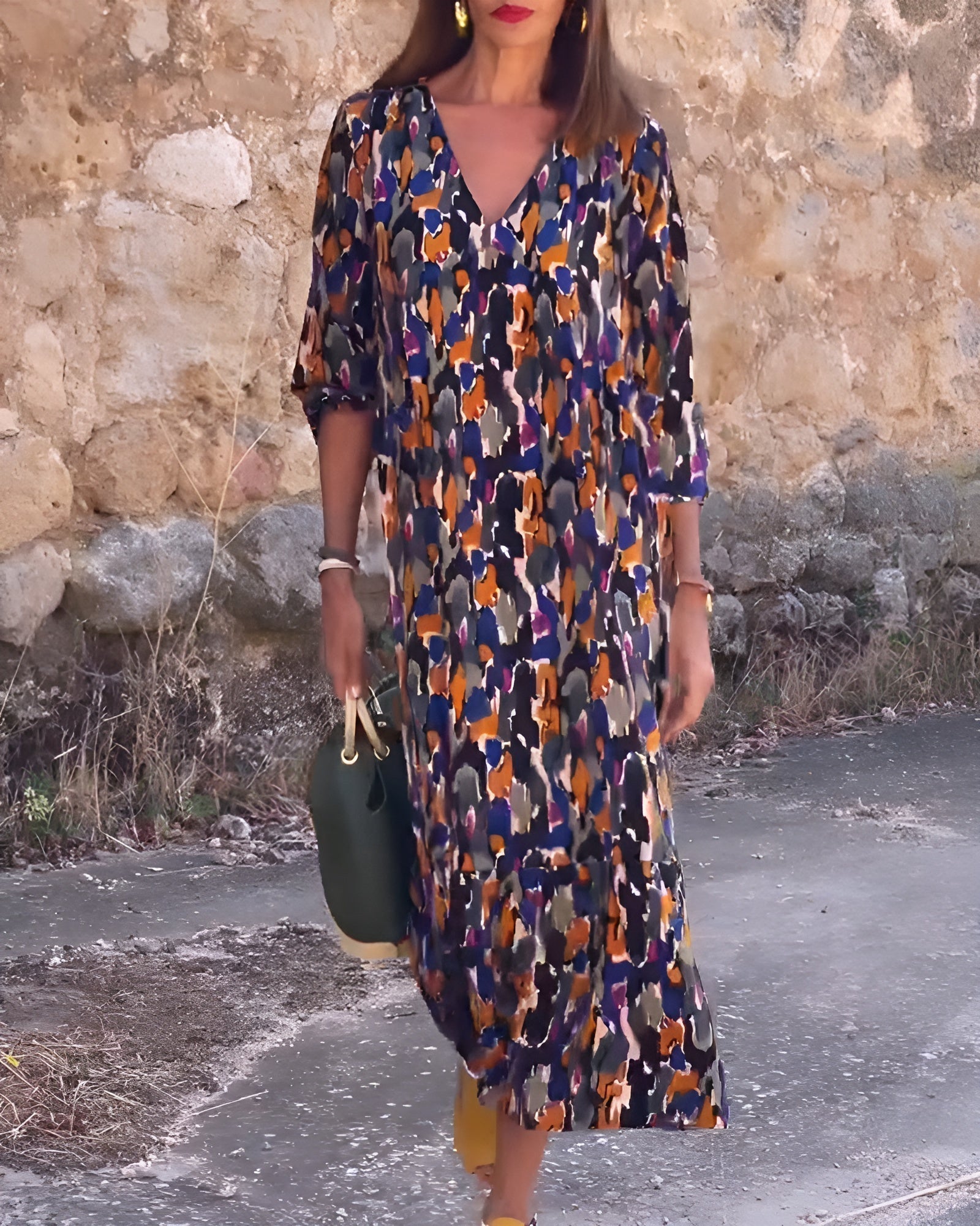 Natalia™ | V Yaka Retro Elbise